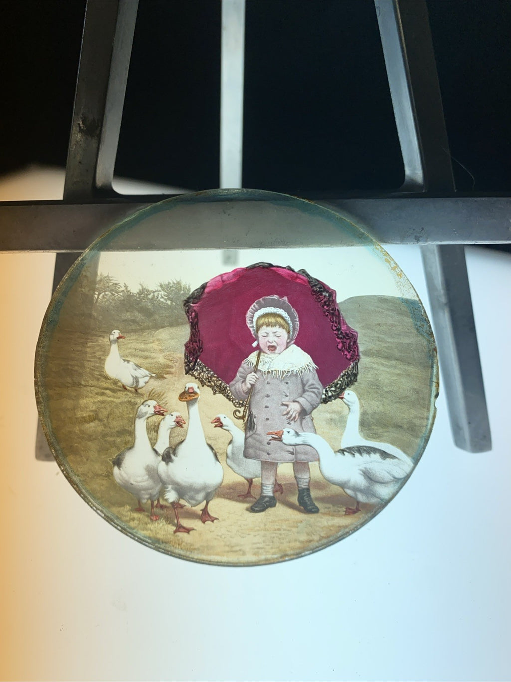Magic Lantern Victorian Glass Round Handpainted Slide Child & Geese (1155)