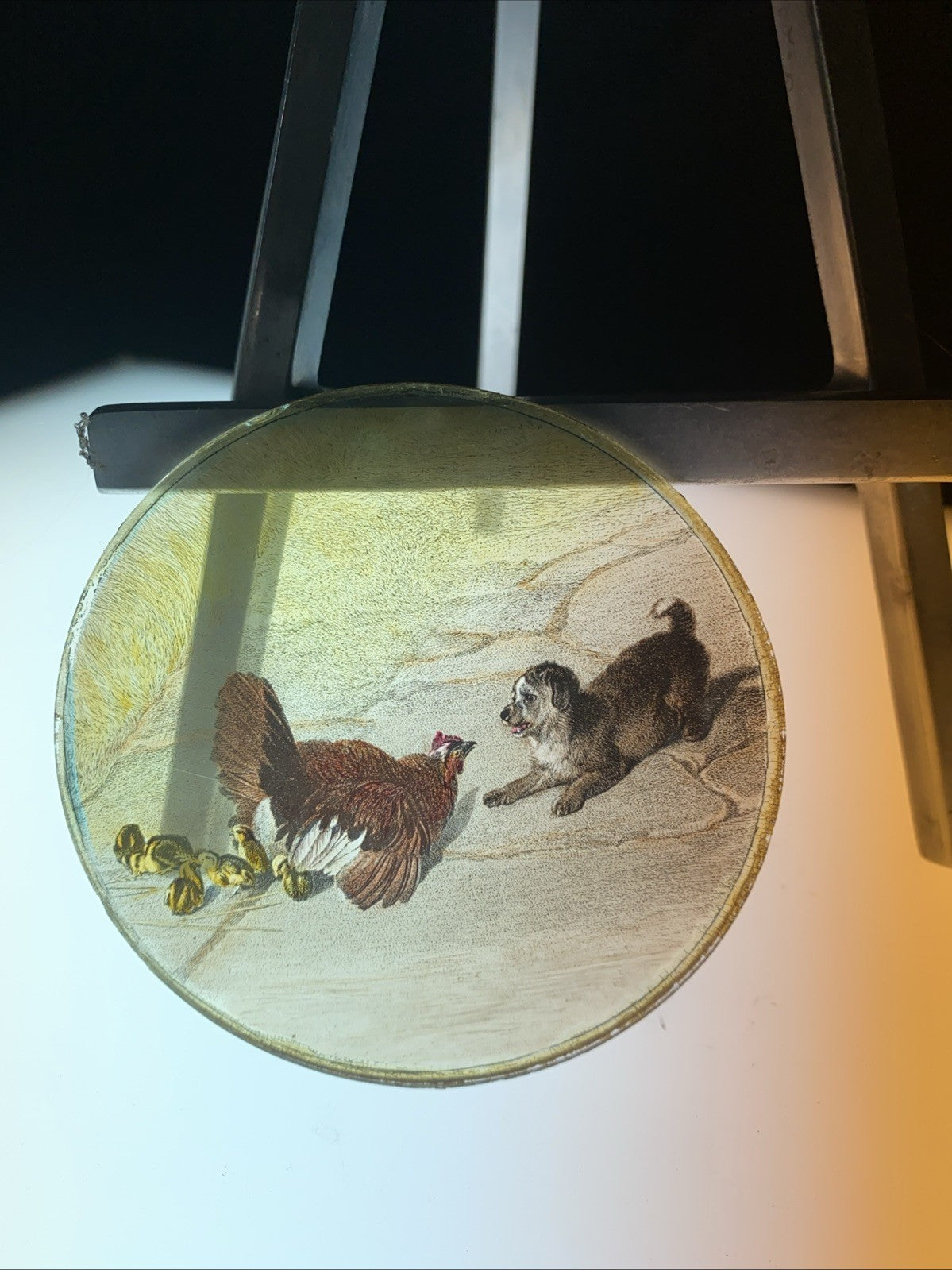 Magic Lantern Victorian Glass Round Handpainted Slide Dog & Mother Hen (1157)