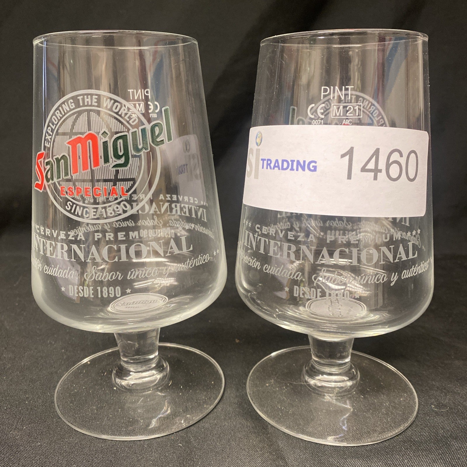 2X San Miguel Footed pint Glass Drinks Home Bar Pub Party (1460)