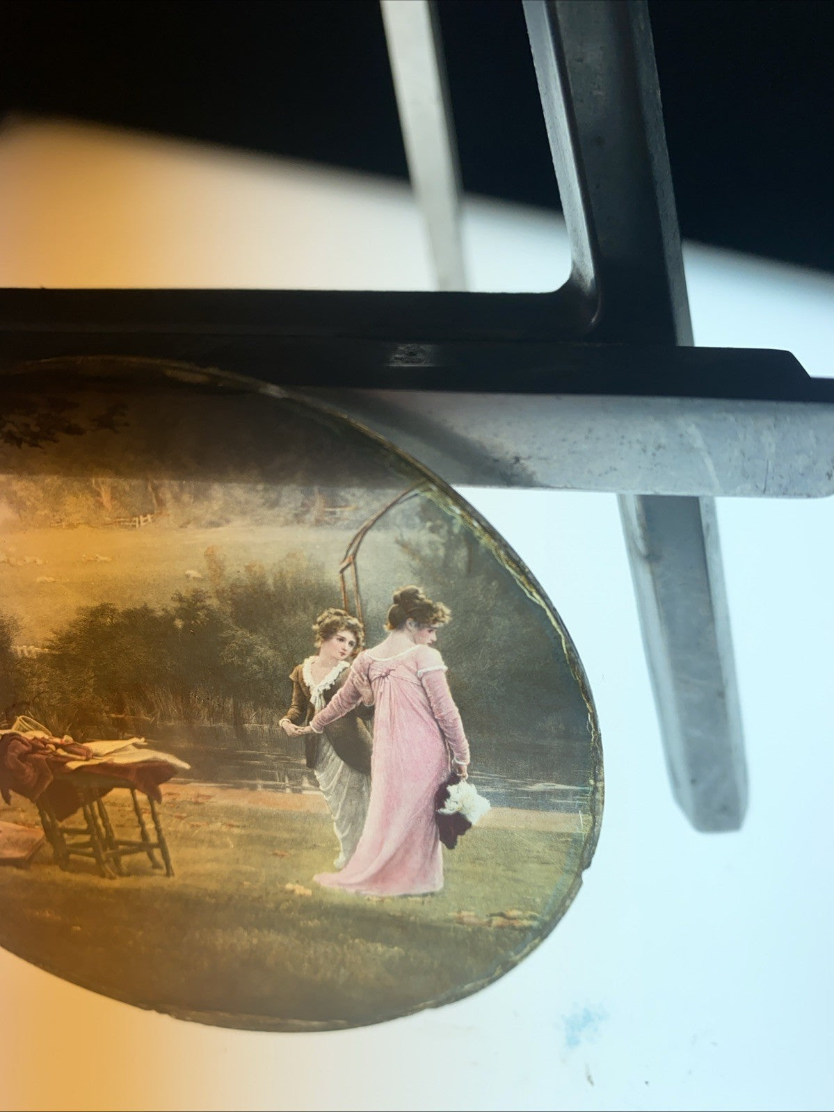 Magic Lantern Victorian Glass Round Handpainted Slide Spring by the lake (1104)