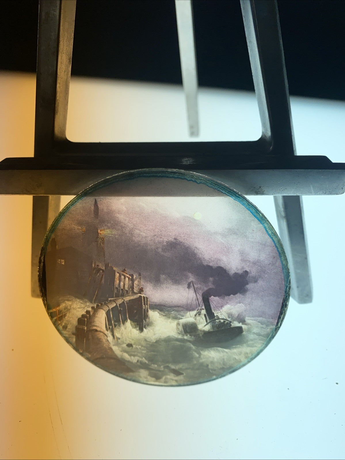 Magic Lantern Victorian Glass Round Handpainted Slide Ship in rough Sea - (1081)