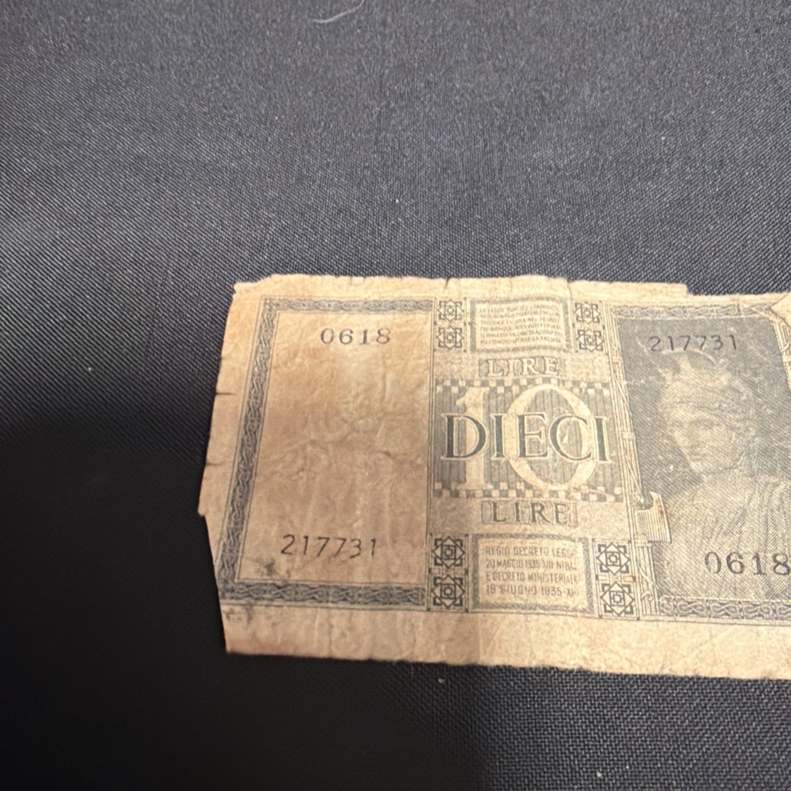 Bank Note Antique Regno D'Italia 10 Dieci Lire Cinque 1939 Circulated - (2306)