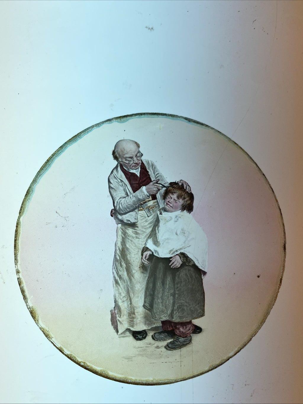 Magic Lantern Victorian Glass Round Handpainted Slide Childs Haircut Time (1136)
