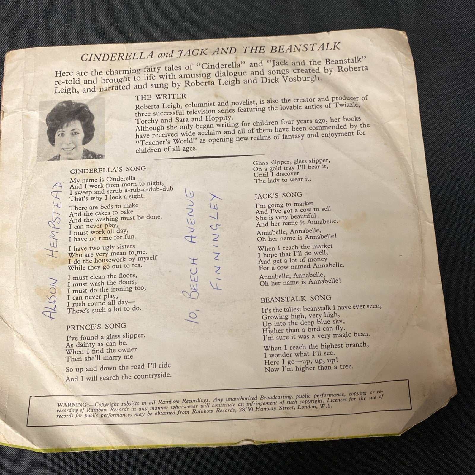 VINYL RECORD - Hi Fi Rainbow Records Cinderella and more RED Vinyl 7" - (1443)