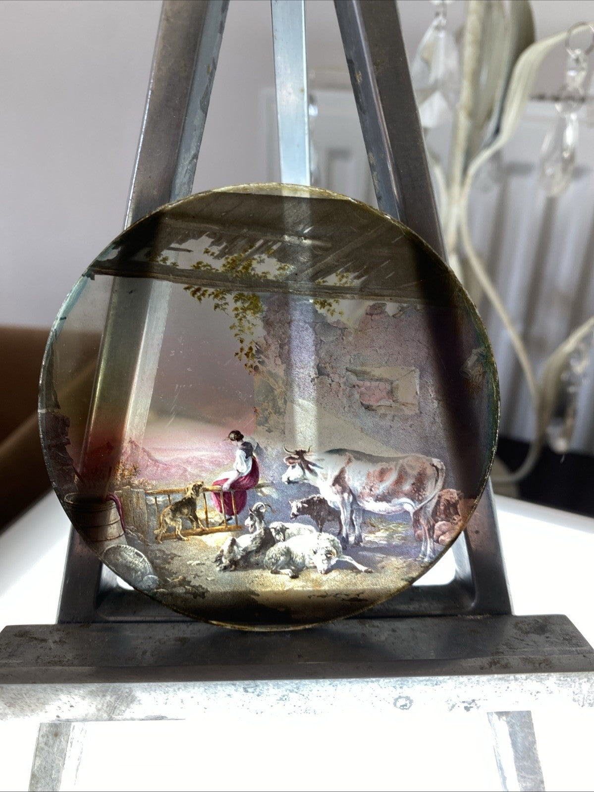 Magic Lantern Victorian Glass Round Handpainted Slide Girl & Farmyard (1133)