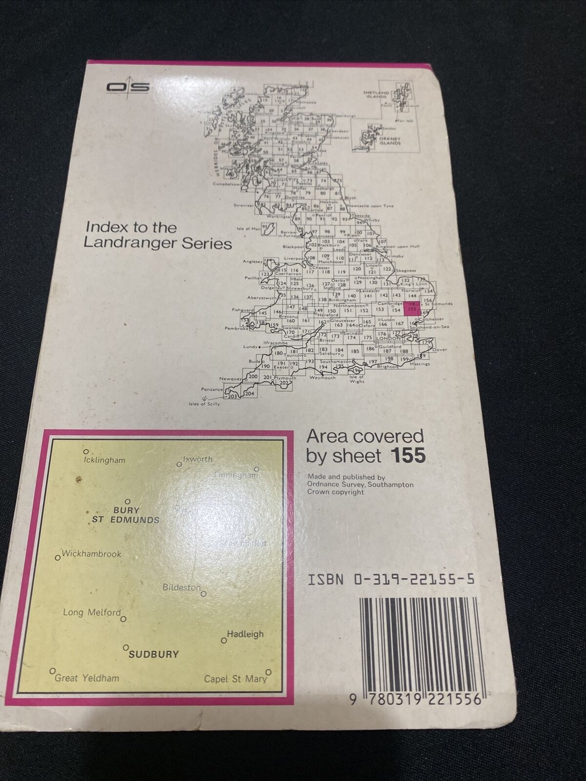 MAP - Ordnance Survey 2cm-1km '87 Landranger#155 Bury St Edmonds Sudbury (8675