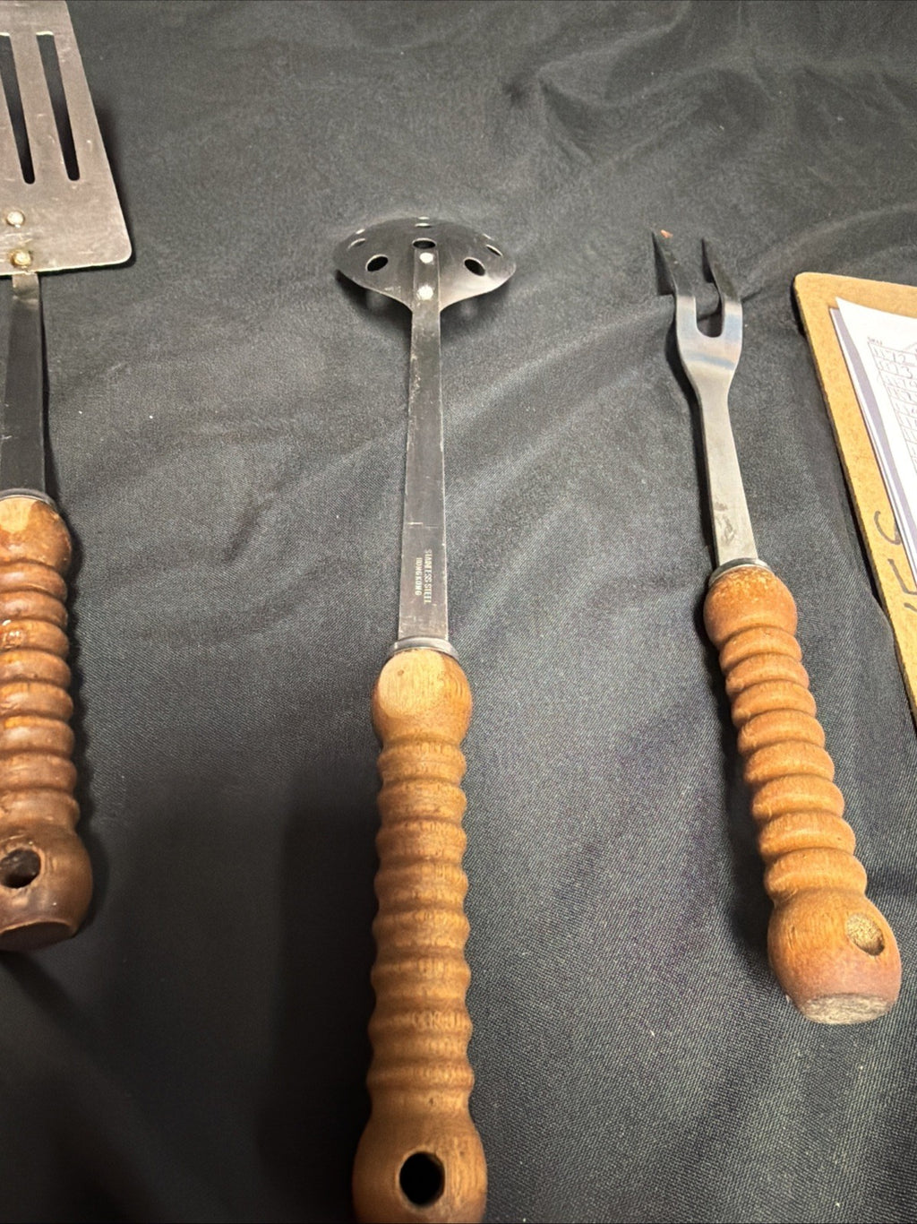 Vintage 1970's Hong Kong made 4 piece Utensill Set Wooden Handles - (1809)