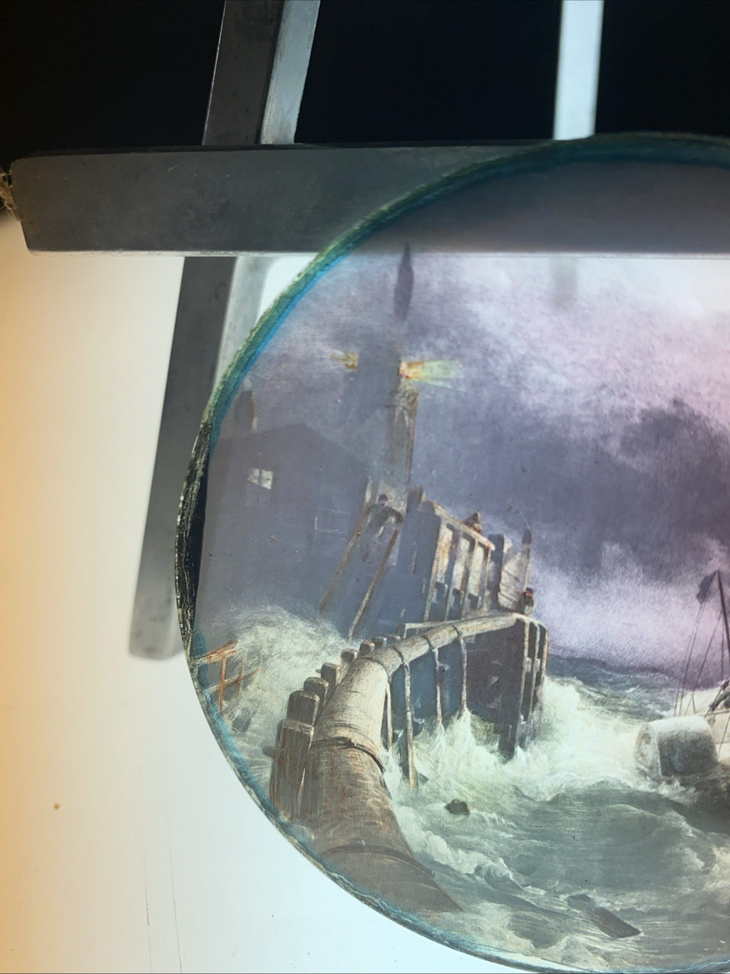 Magic Lantern Victorian Glass Round Handpainted Slide Ship in rough Sea - (1081)