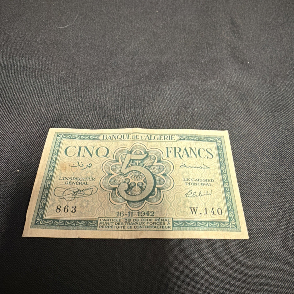 Bank Note Antique Banque De L'Algerie 5 Francs 1942 Circulated - (2308)
