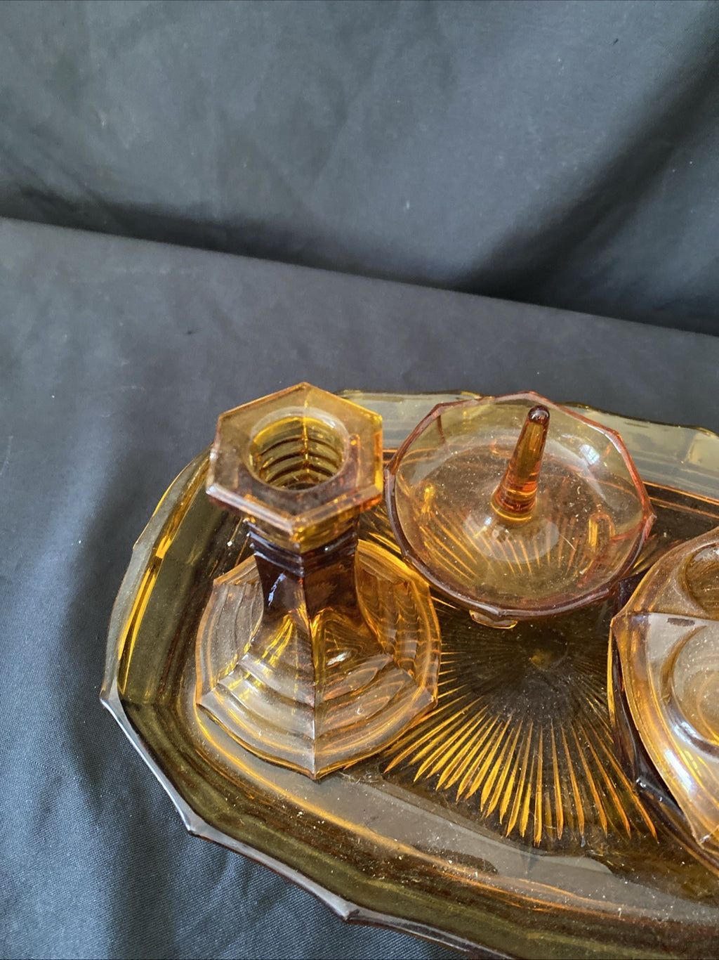Vintage Pressed Glass Dressing Table Set Amber Tray, Pot, Ring Holder - (5458)