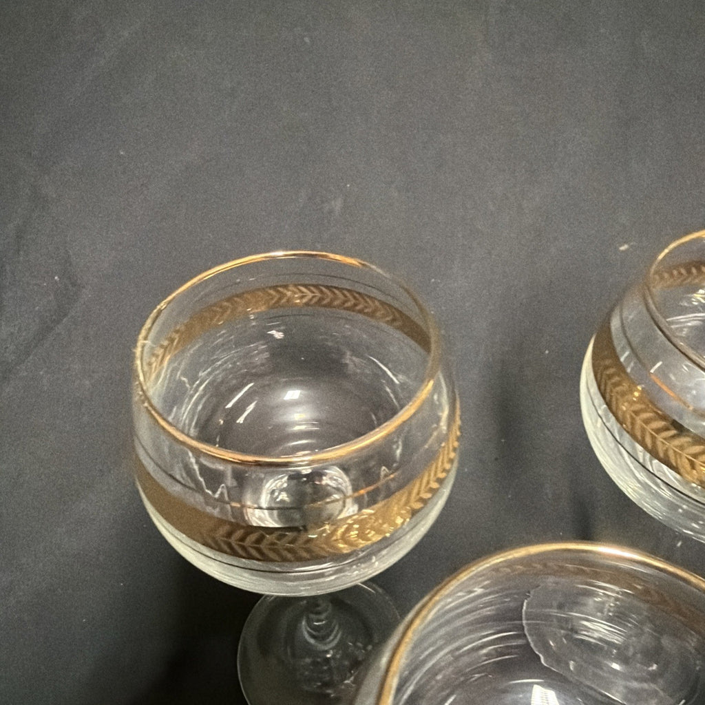 Vintage Hock Wine Goblets Glasses Gold Laurel Pattern Long Stem x 5 - (1842)