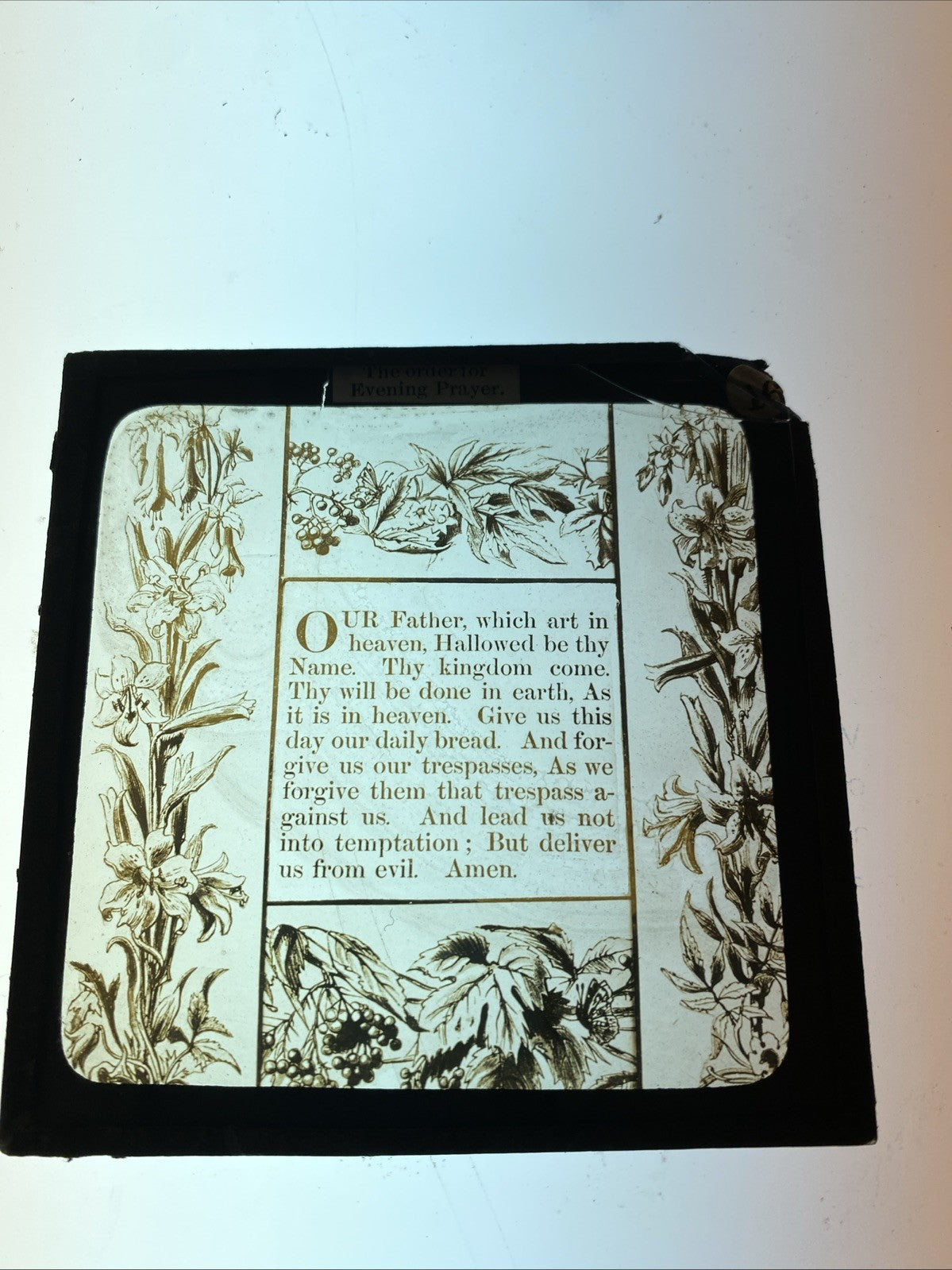 Magic Lantern Victorian Glass Square Antique Handpainted The Lords Prayer (1177)