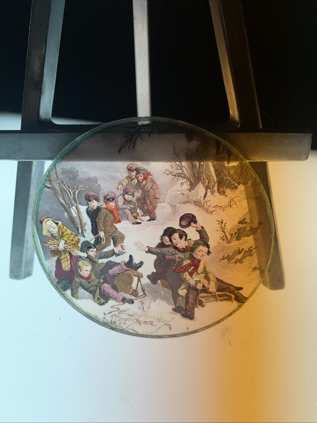 Magic Lantern Victorian Glass Round Handpainted Slide Children Sledgeing (1167)