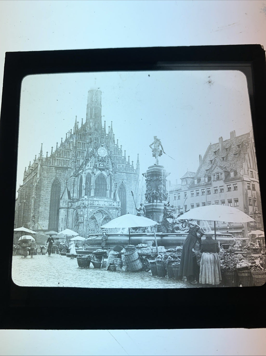 Magic Lantern Victorian Glass Square Photo Nuremberg Church & Fountain (1078)
