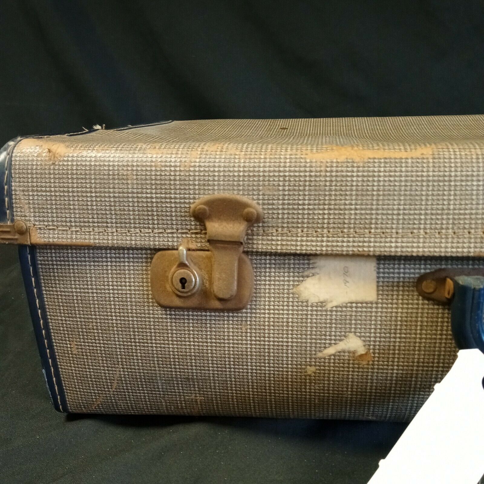 Vintage Suitcase blue check Large great storage or prop - (8091)