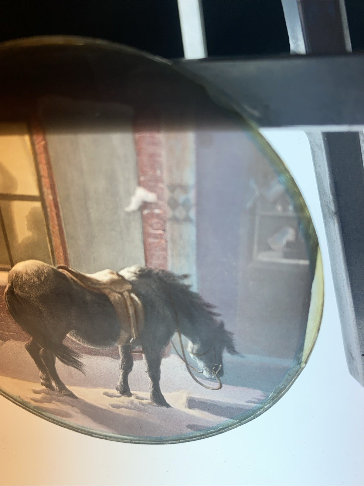 Magic Lantern Victorian Glass Round Handpainted Slide Horse & Tavern (1142)