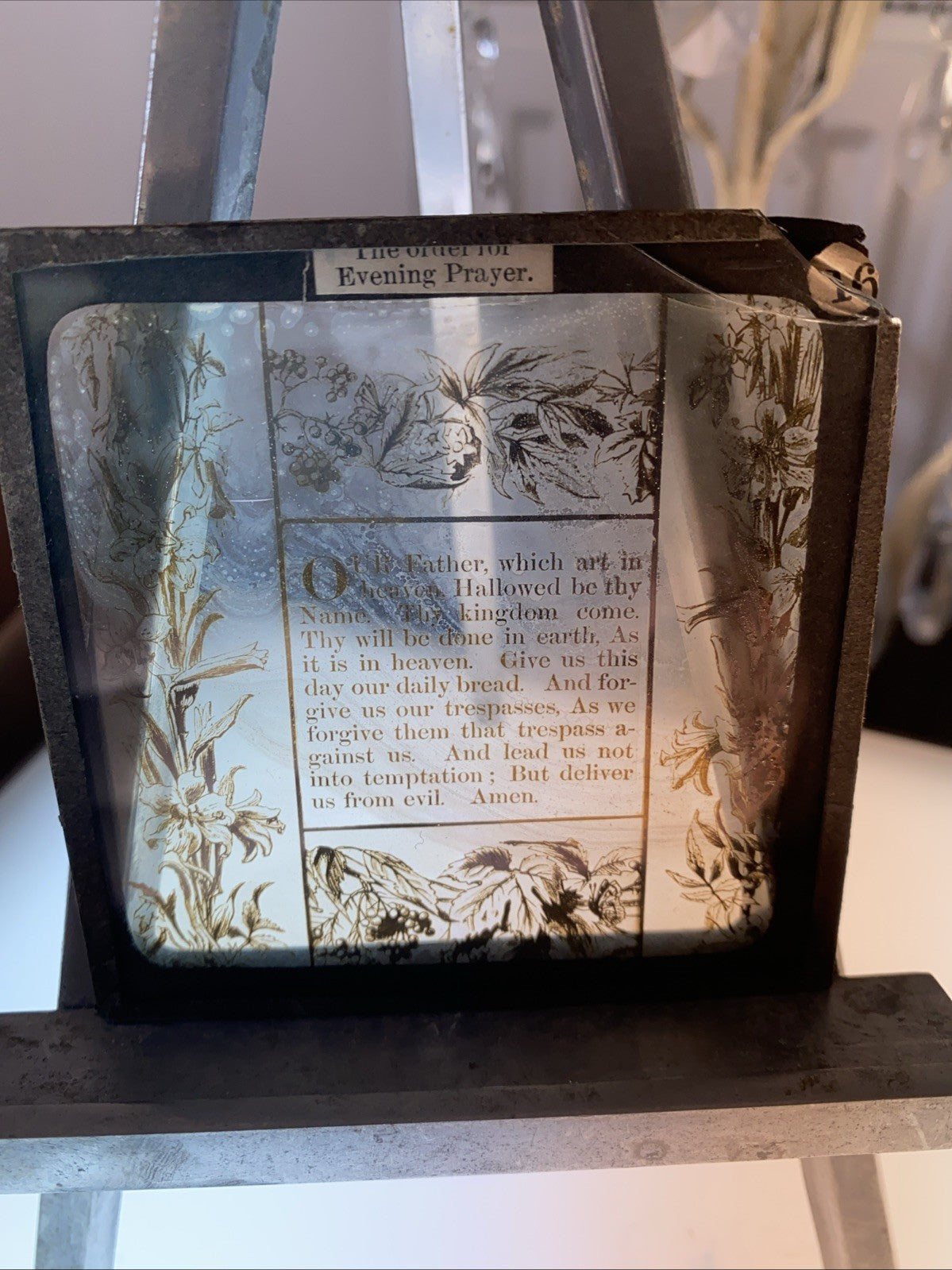 Magic Lantern Victorian Glass Square Antique Handpainted The Lords Prayer (1177)