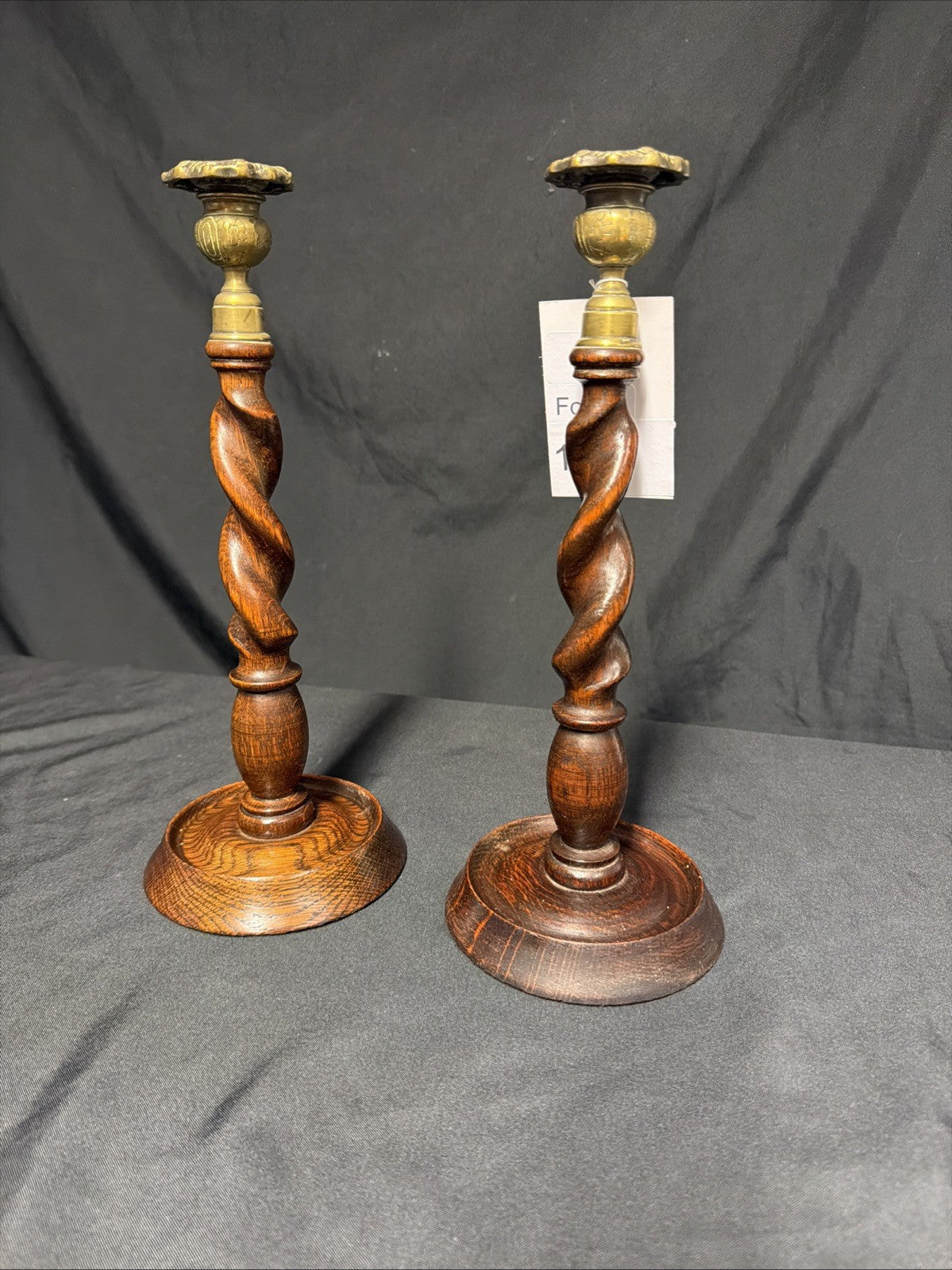 Antique Pair English Oak Candlesticks with brass tops 33cm tall - (1879)