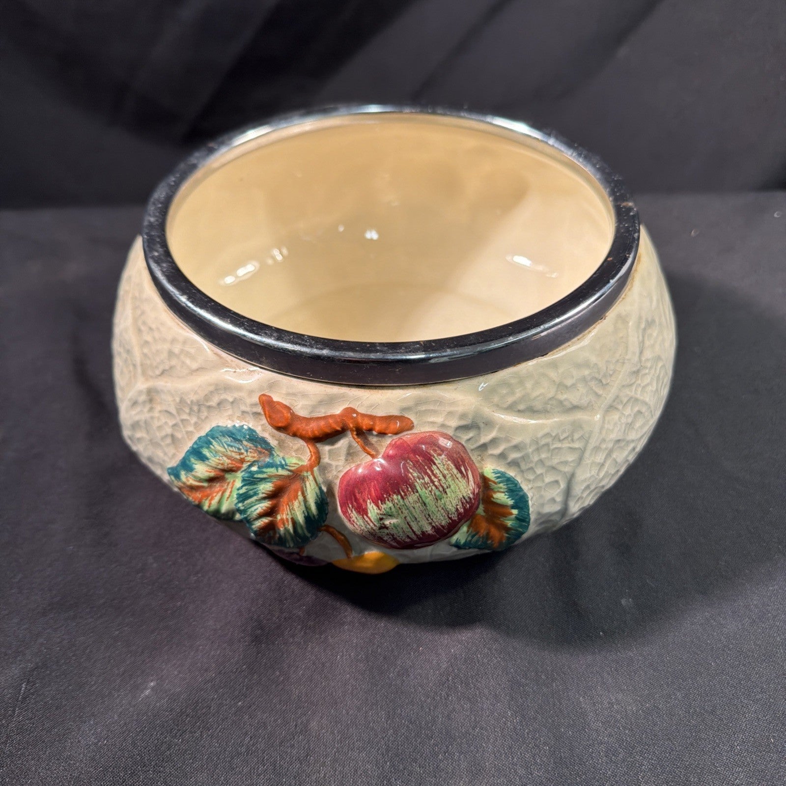 Shorter and Son Ltd Majolica Berries Vintage Bowl with metal rim - (2099)