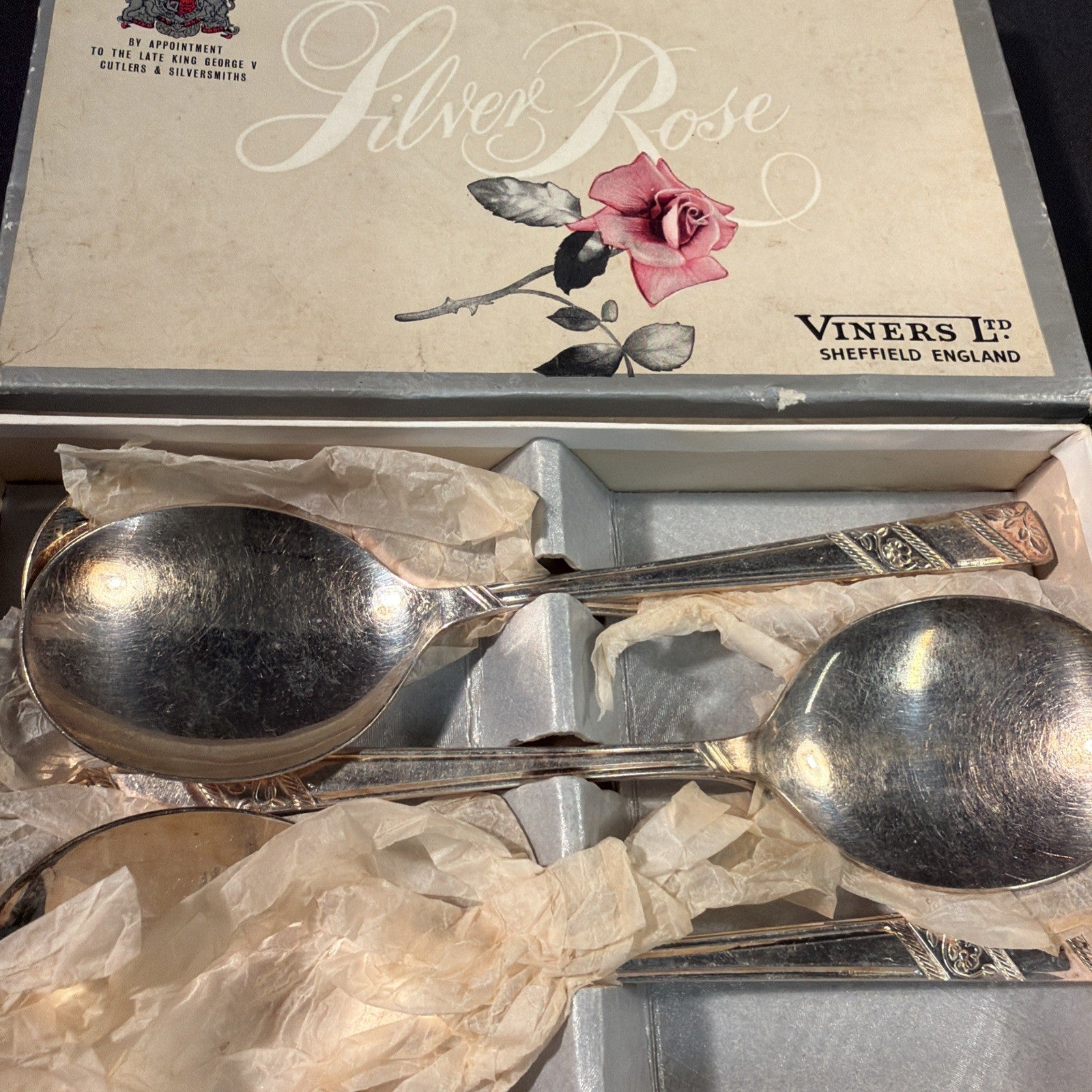 Viners Ltd Silver Rose 6 x Soup Spoons Boxed Vintage - (2096)