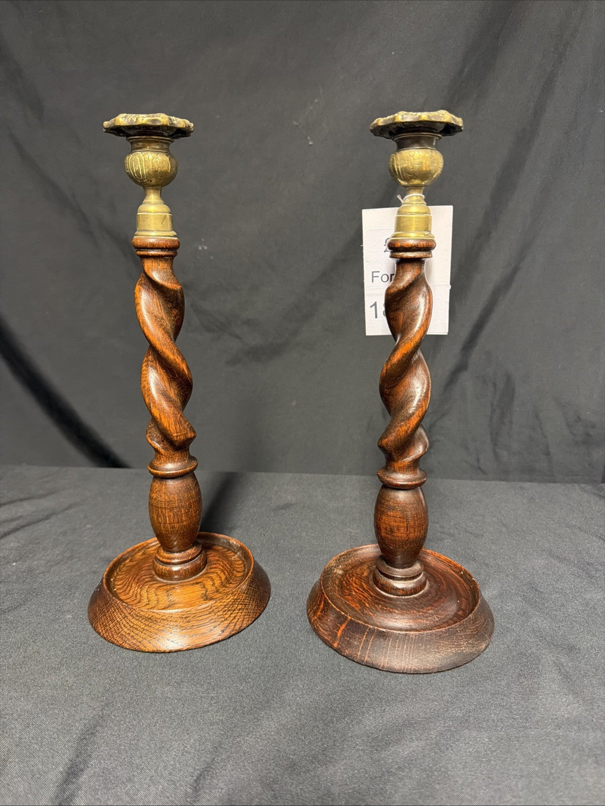 Antique Pair English Oak Candlesticks with brass tops 33cm tall - (1879)