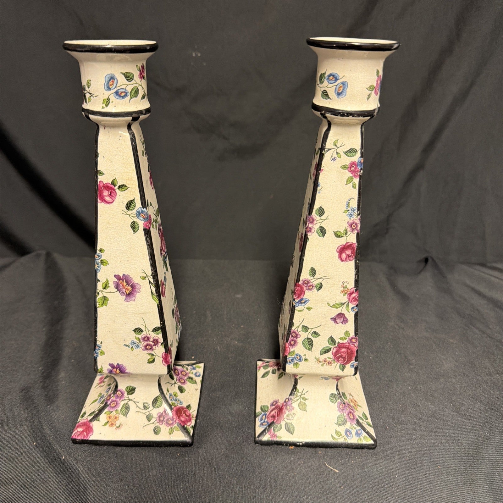 Delton Ware Burslem Rose Trellis 1904 - 1910 Pair of Candle Stick Holders - (1878)