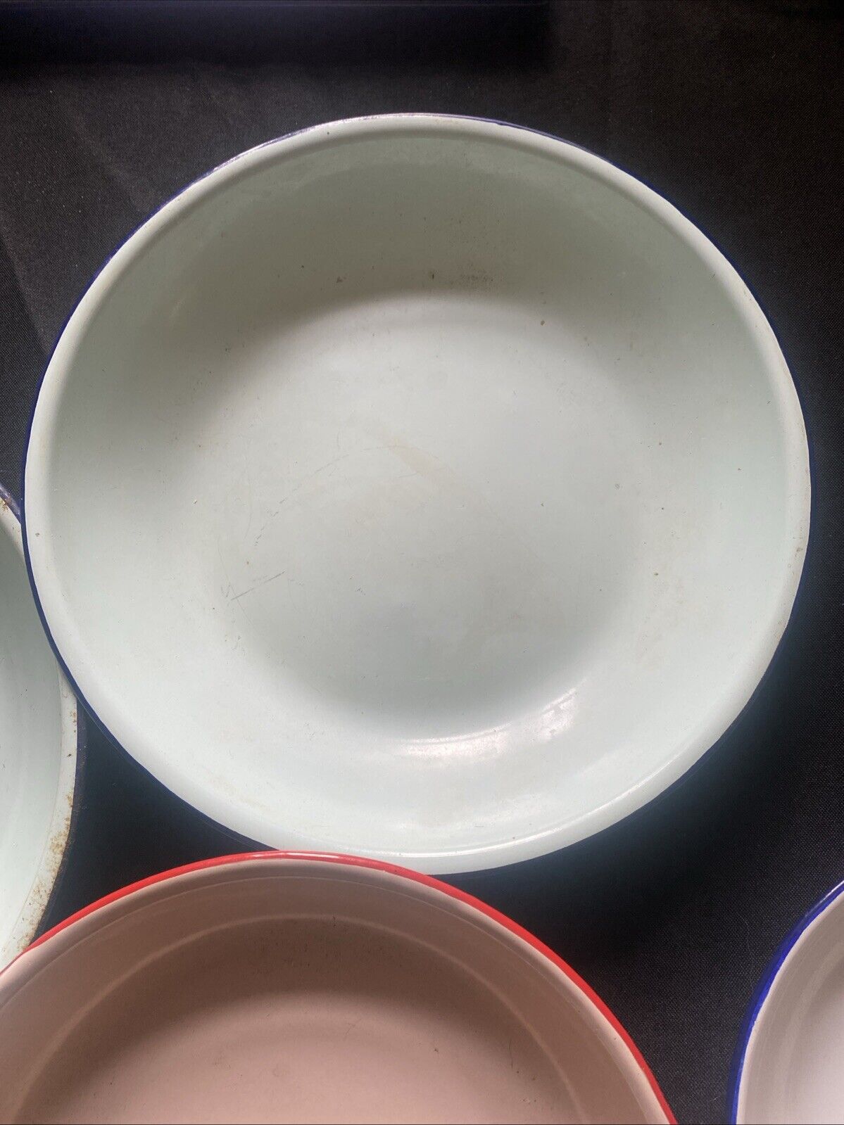 Chinese Enamelware Bumper Harvest 5 x Plates / Bowls Pink Blue White (5874)