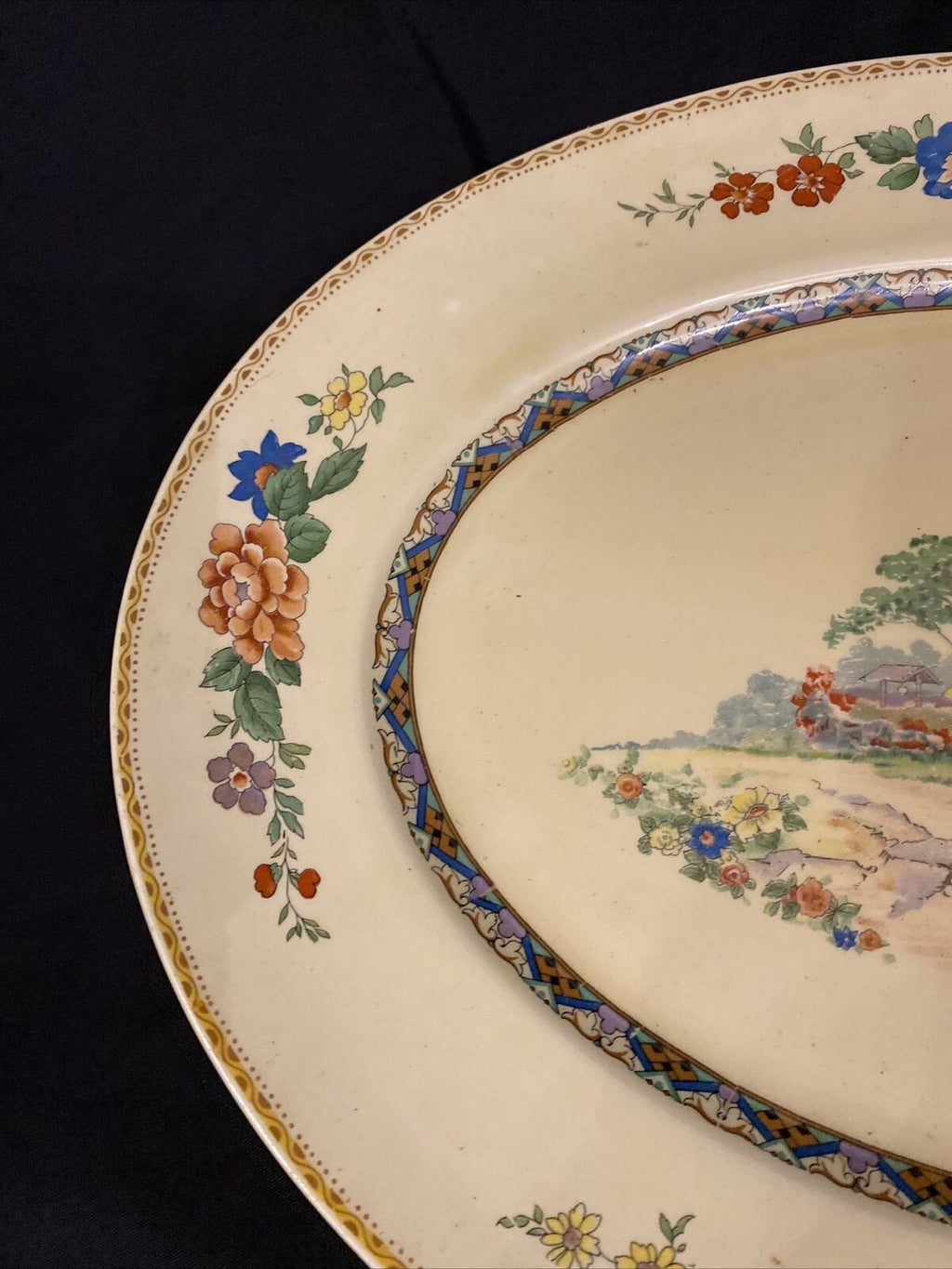 Vintage Myott Son & CO Large Oval Platter Yellow with Japanese Garden - (8558)