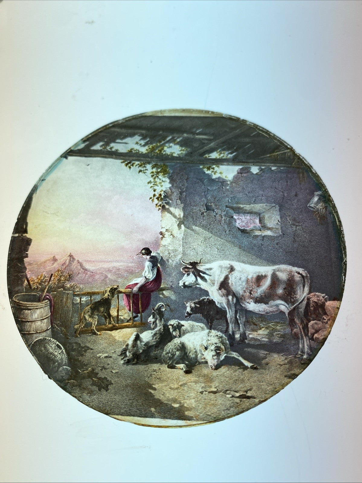 Magic Lantern Victorian Glass Round Handpainted Slide Girl & Farmyard (1133)