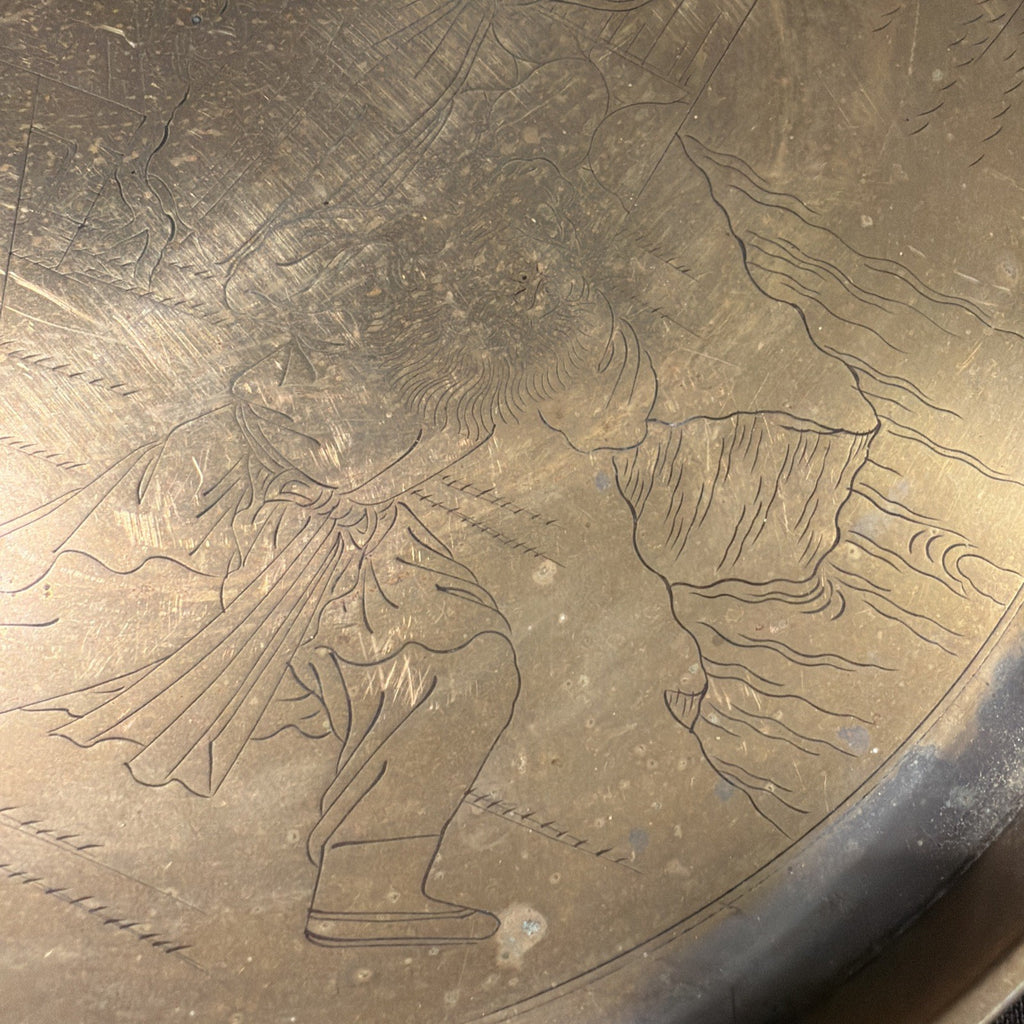 Chinese 1920's Heavy Brass Plate - 4 men fighting one with cut wrist & bleeding. - (2065)