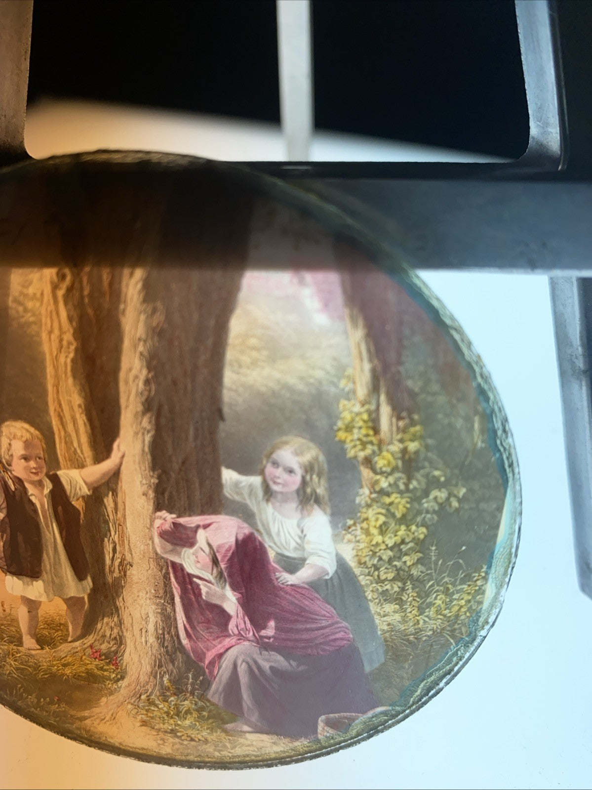 Magic Lantern Victorian Glass Round Handpainted Slide Hide and Seek (1170)