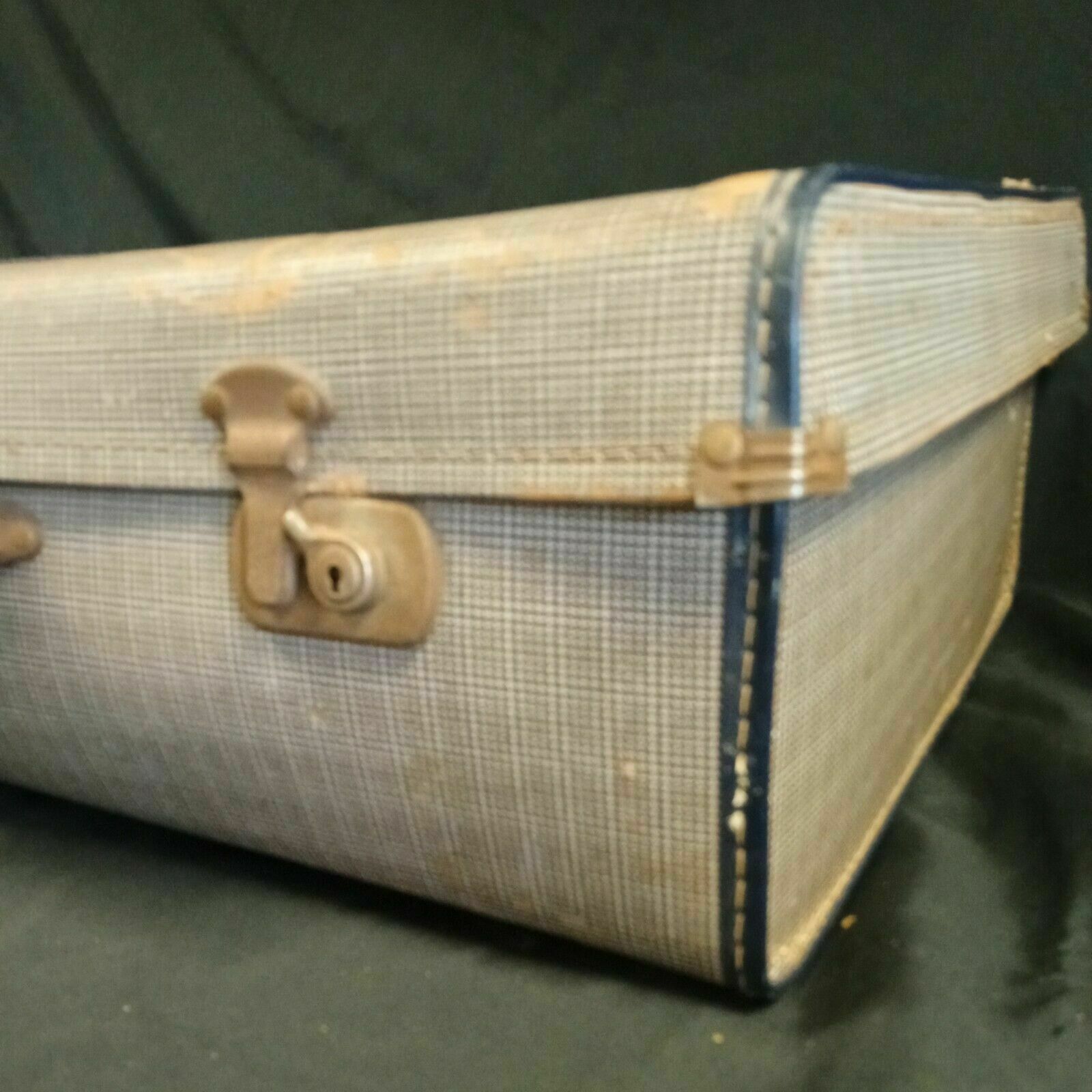 Vintage Suitcase blue check Large great storage or prop - (8091)