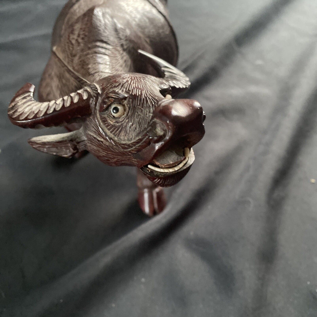 Late 19th century Chinese hardwood carved water buffalo or oxen Signed - (9404)