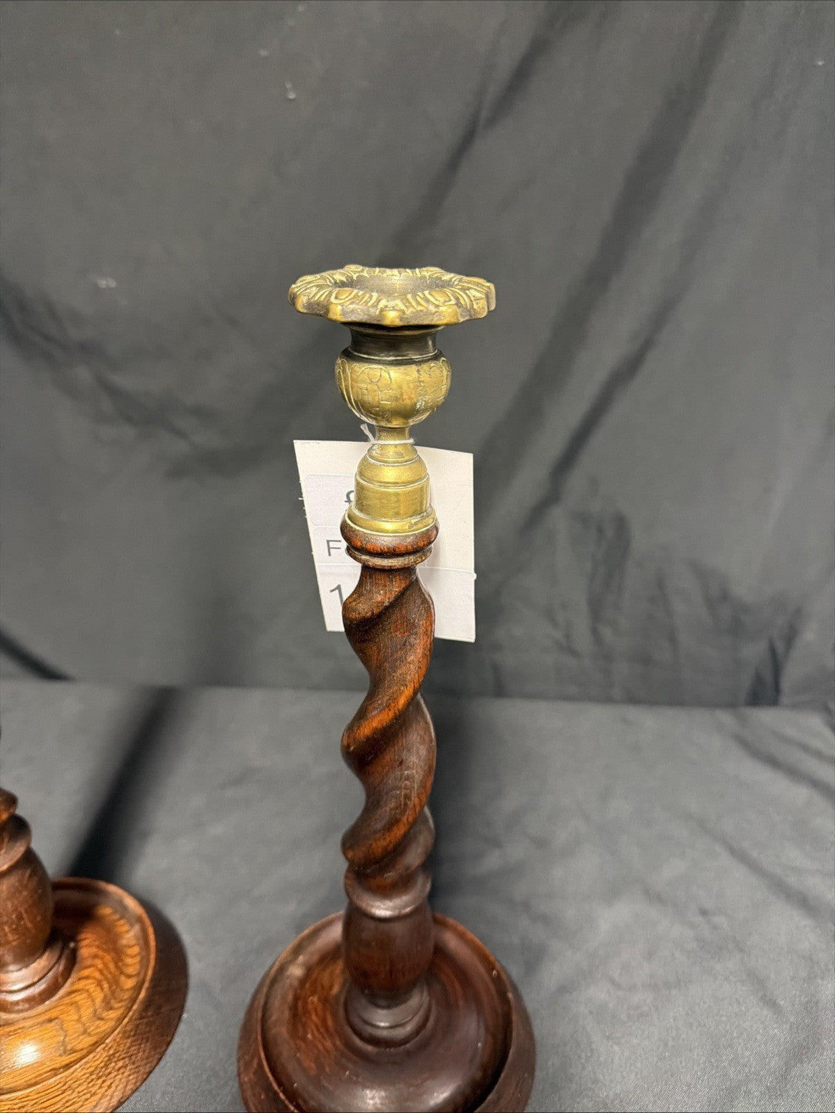 Antique Pair English Oak Candlesticks with brass tops 33cm tall - (1879)