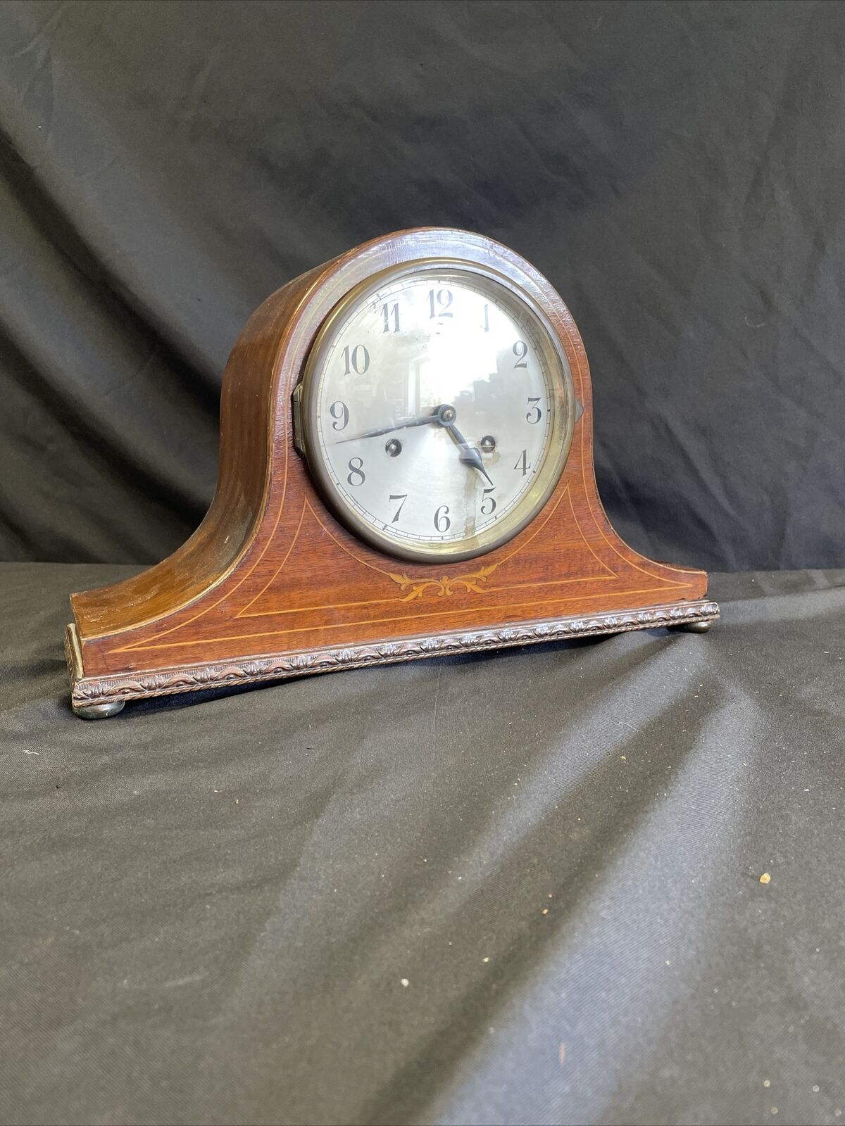 Edwardian Inlaid Mahogany Napoleon Hat Style Mantle Clock Working - (7916)