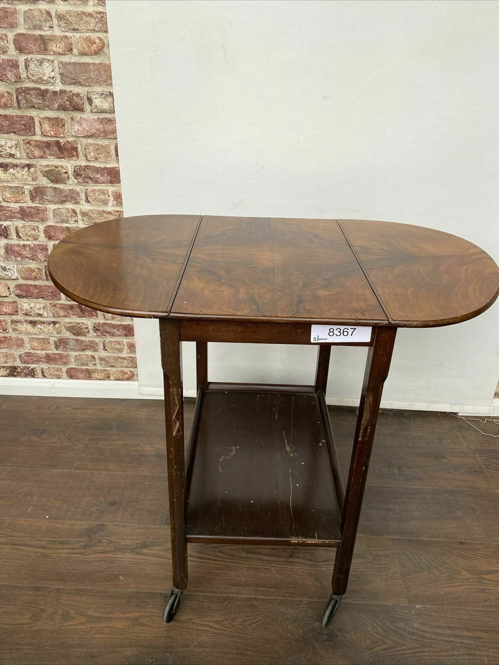 Antique Oak with walnut veneer Serving Trolley - Nice early solid trolley  drop leaf sides (8367
