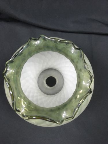 Vintage white glass lamp shade green fluted edge - (6630)