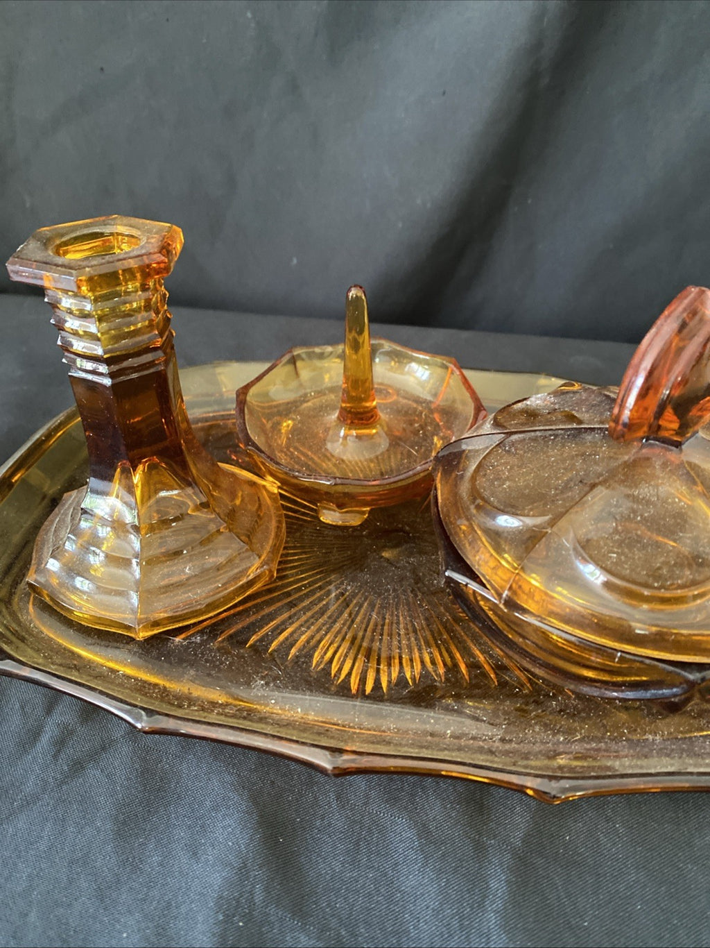 Vintage Pressed Glass Dressing Table Set Amber Tray, Pot, Ring Holder - (5458)