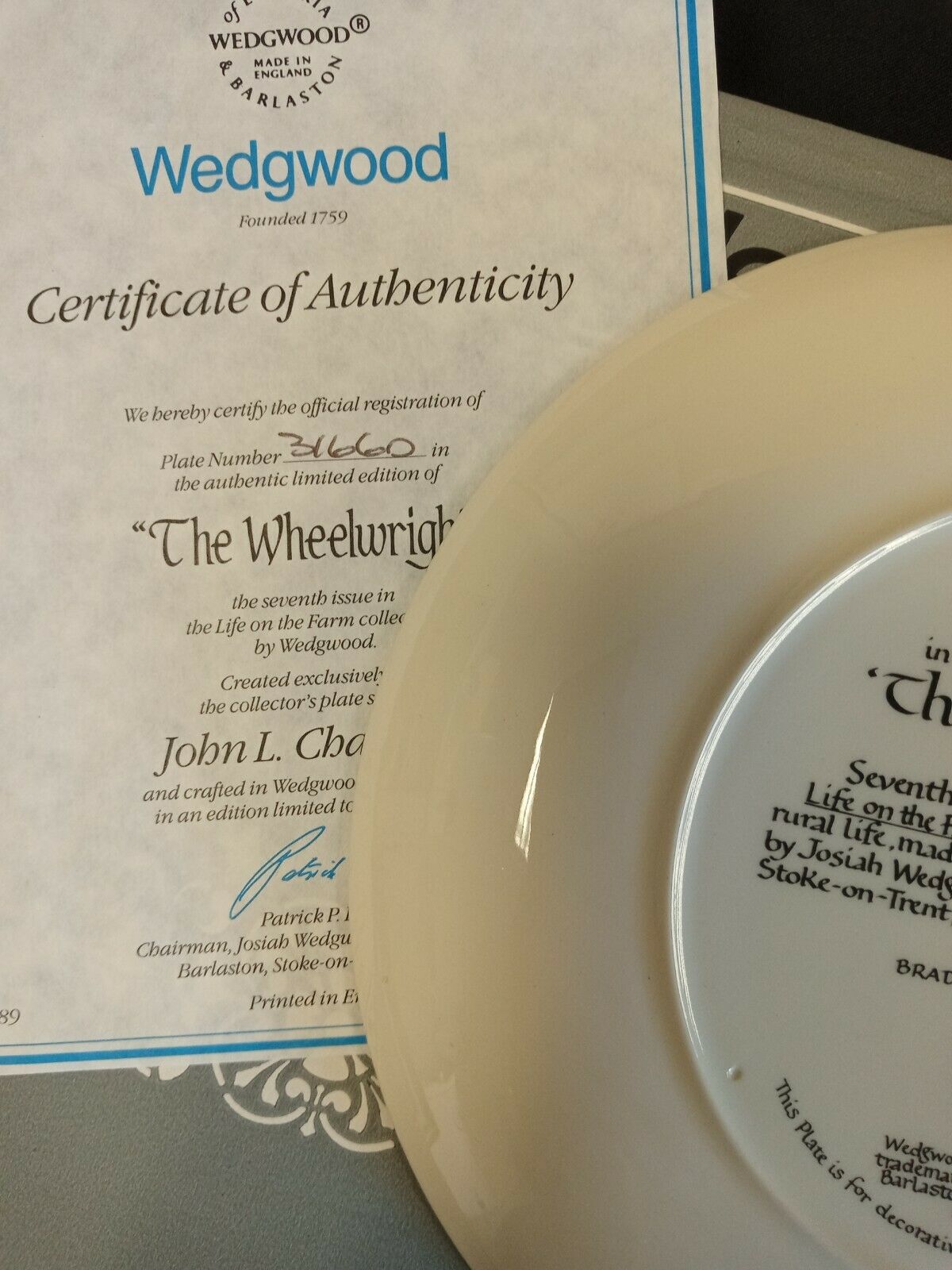 Wedgwood Queensware Collectors Boxed Plate Limited Ed. 1989 Wheelwright (7878)