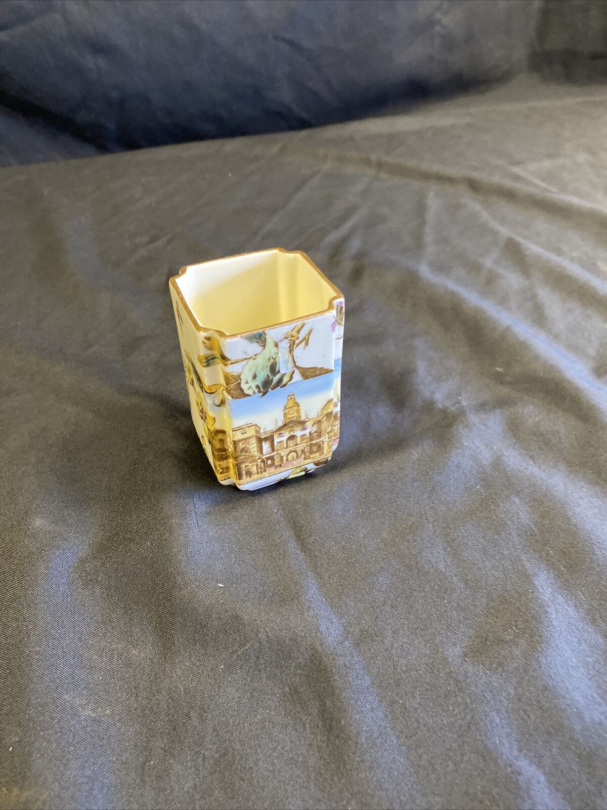 Antique Square Pot with The Horseguards & Albert memorial painted & Gilt (7717)