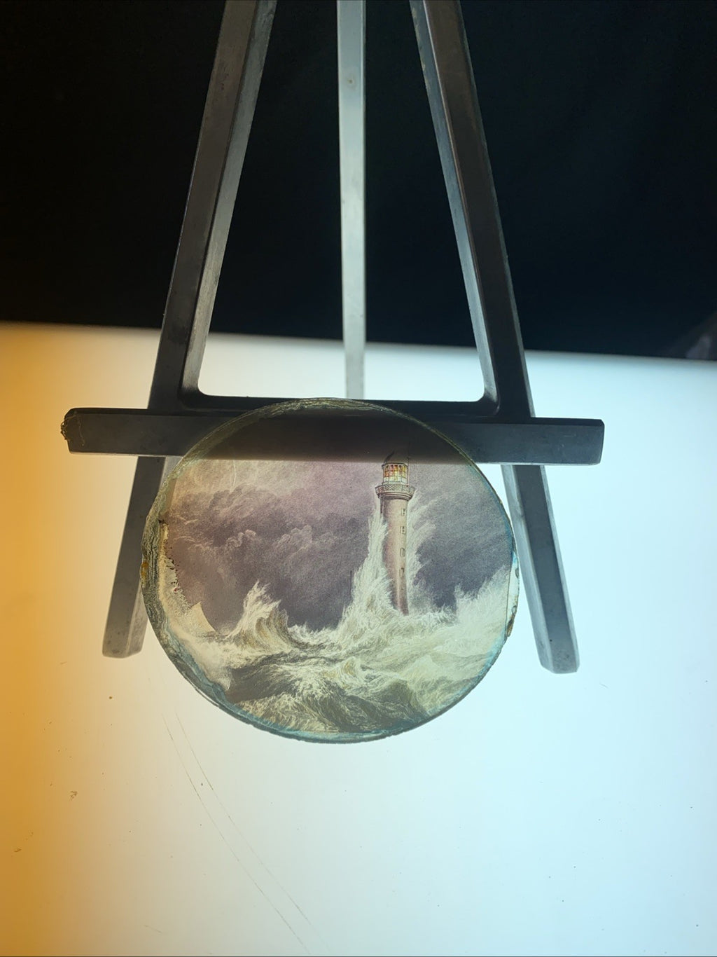 Magic Lantern Victorian Glass Round Handpainted Slide Stormy Lighthouse (1138)