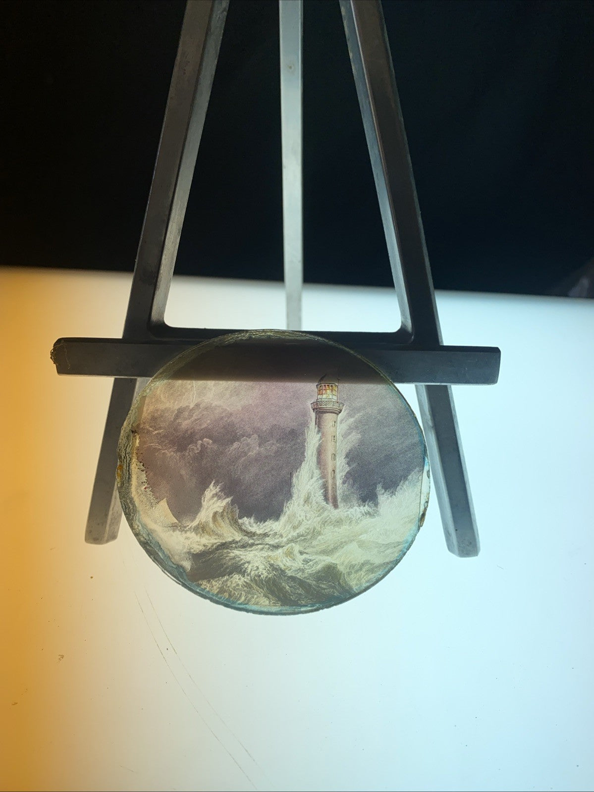 Magic Lantern Victorian Glass Round Handpainted Slide Stormy Lighthouse (1138)