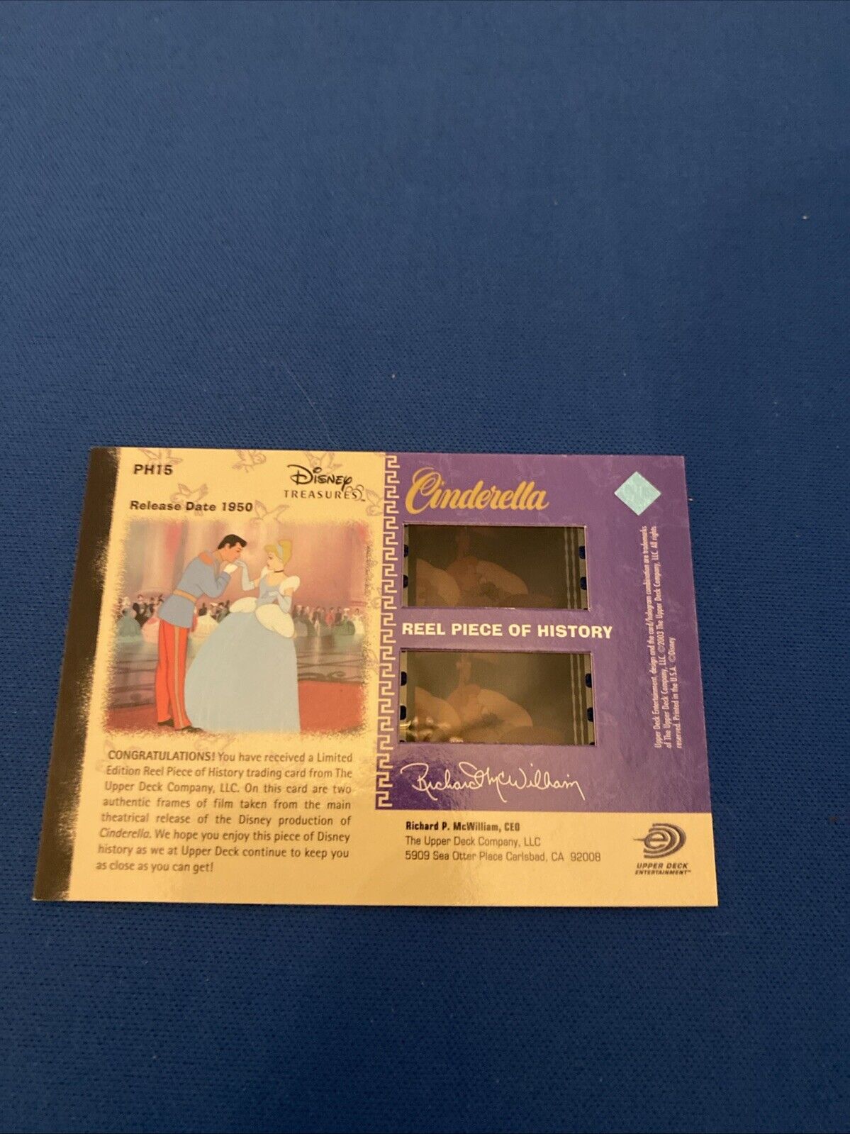2003 Upper Deck Disney Treasures Cinderella Reel Piece of History Card PH15 5772