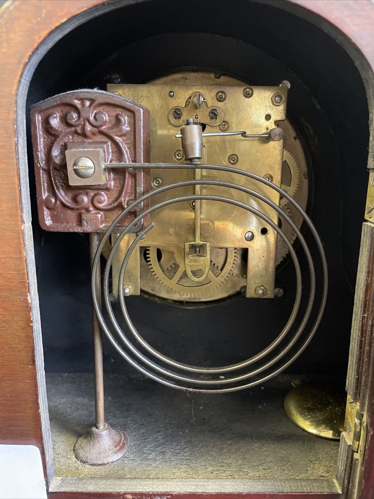 Edwardian Inlaid Mahogany Napoleon Hat Style Mantle Clock Working - (7916)