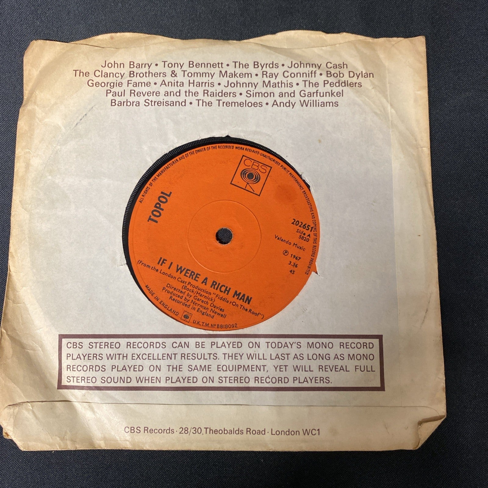 VINYL RECORD - TOPOL If I were a rich man / Bottle Dance 7" Single (1436)