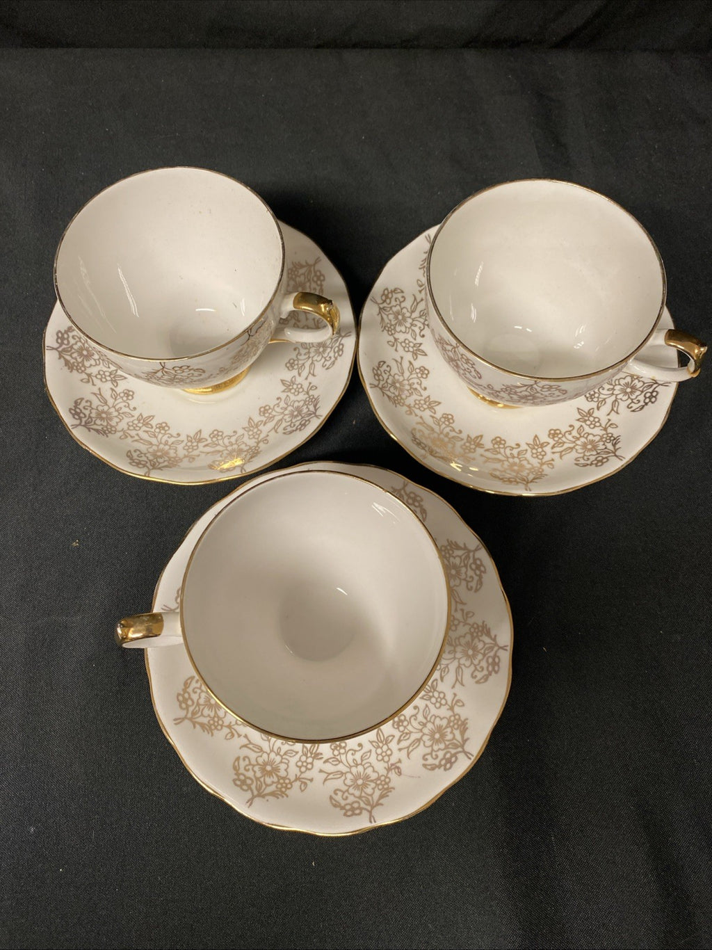 Vintage Gainsbourgh China Three Cups and Saucers Gilt Floral - (1593)