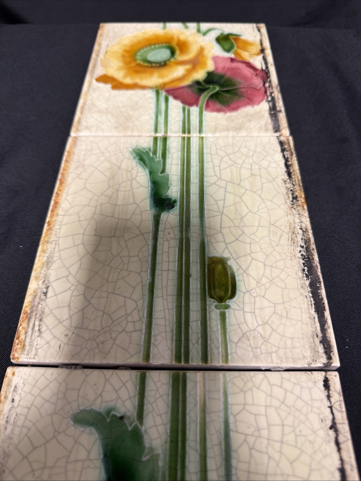 Antique Tiles set of three crackle glaze floral RD No 533060 1909? - (1893)