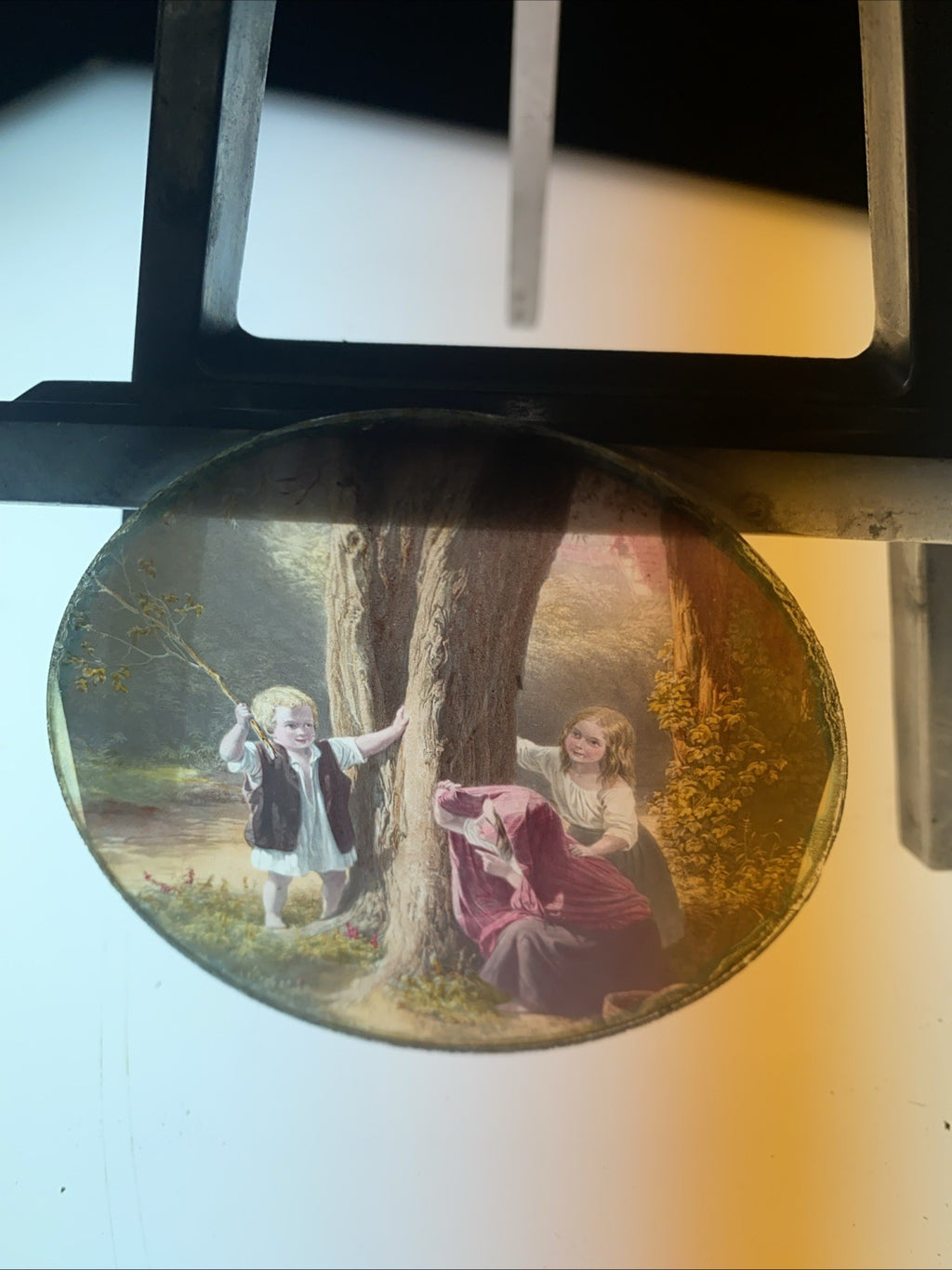 Magic Lantern Victorian Glass Round Handpainted Slide Hide and Seek (1170)