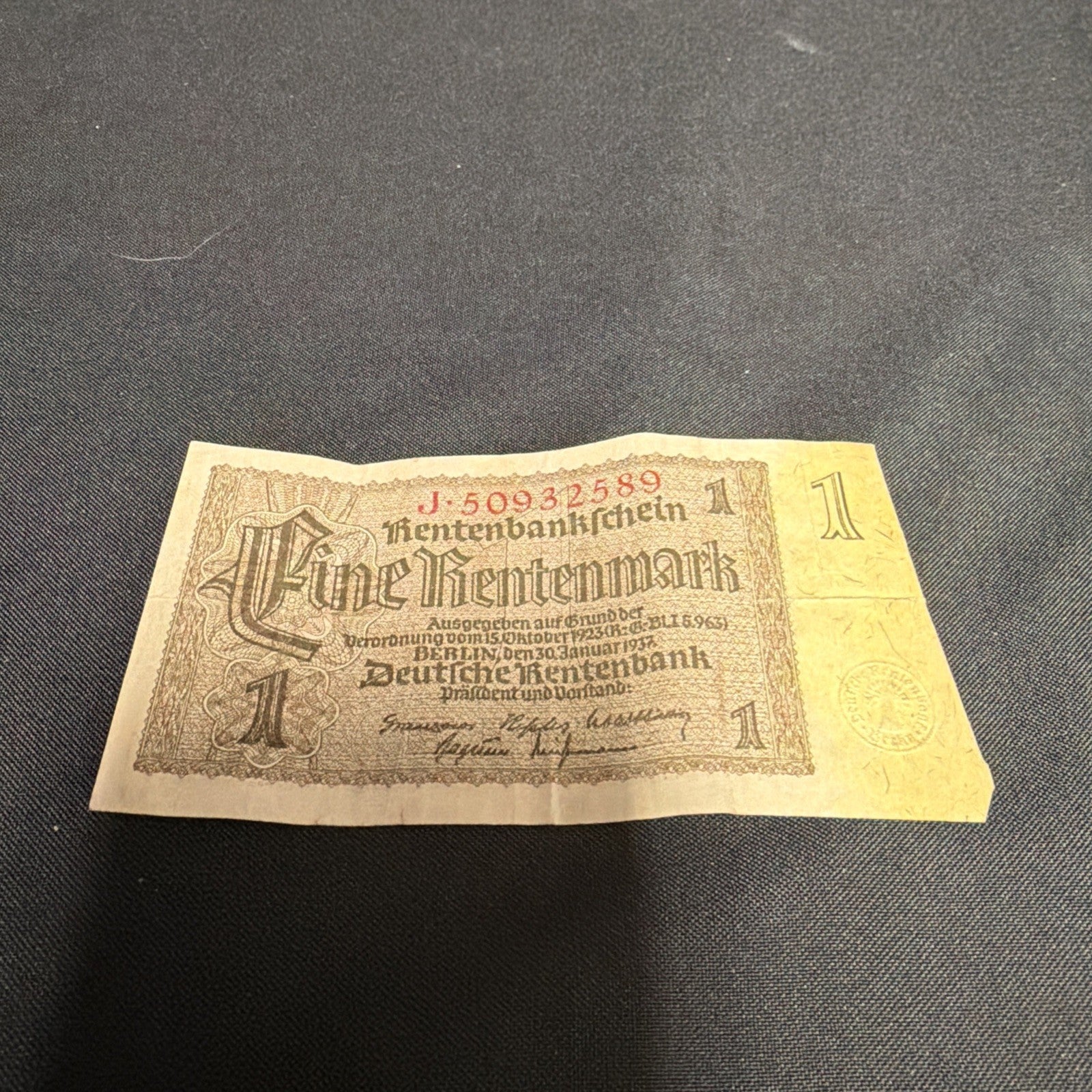 Bank Note Antique 1 Rentenmark Berlin 1937 German Banknote Circulated - (2319)