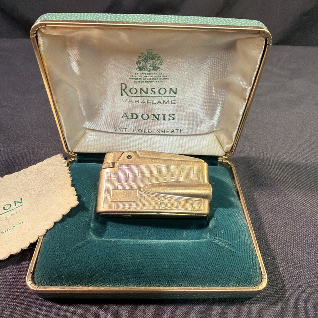 Ronson Varaflame Adonis 9ct Gold Sheath Lighter, box and cloth - (1999)